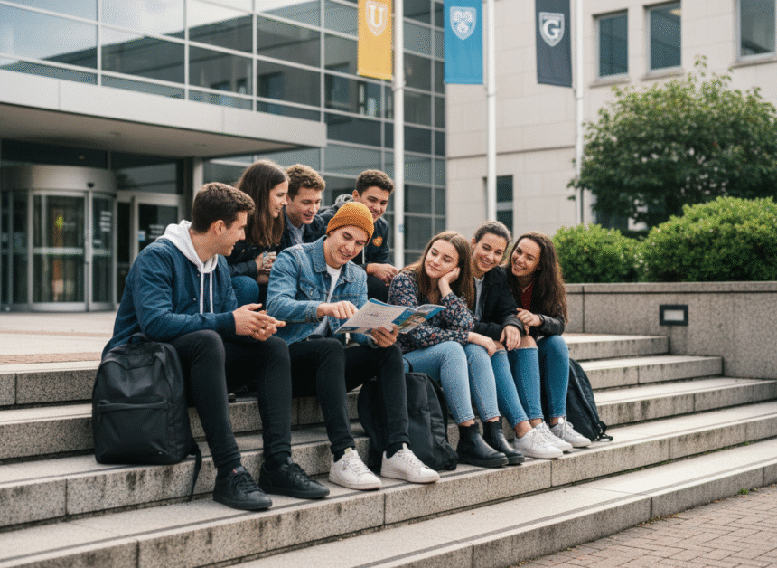 Groupe de jeunes diplômés de lycée en conversation