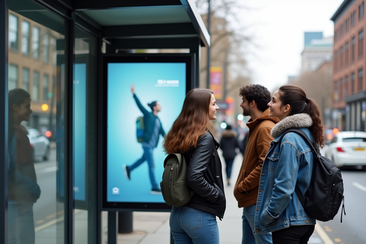 Jeunes adultes regardant une affiche publicitaire dans la rue