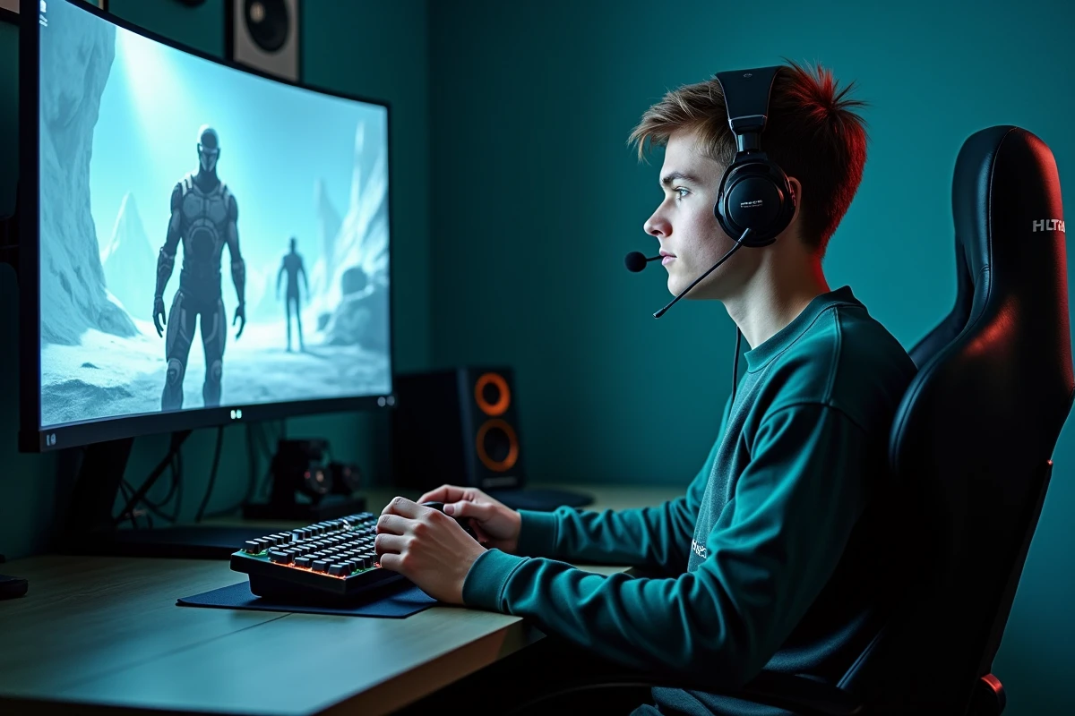 Joueur passionné en configuration esports jouant à Halo Infinite, symbolisant la communauté gaming autour de la saga renouvelée