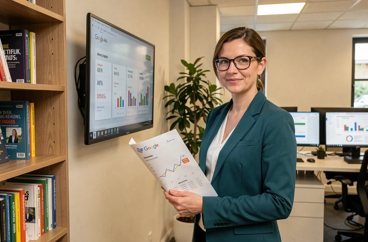 Experte de l'agence Kelcible en Maine-et-Loire présentant les résultats d'une campagne Google Ads dans un environnement de travail professionnel