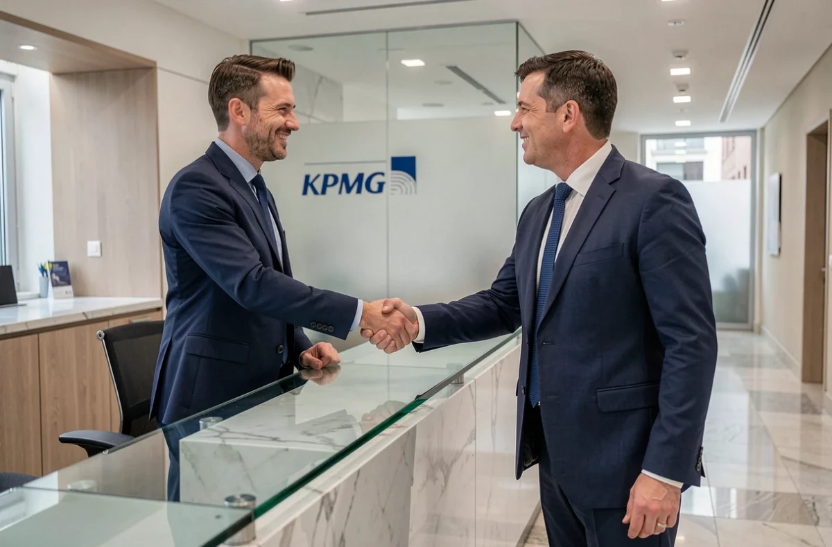 Accueil professionnel dans les bureaux de KPMG Nancy avec un expert-comptable accueillant un client