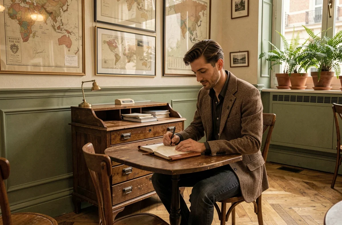 Homme écrivant dans l'espace de coworking au style héritage La Correspondance en Isère