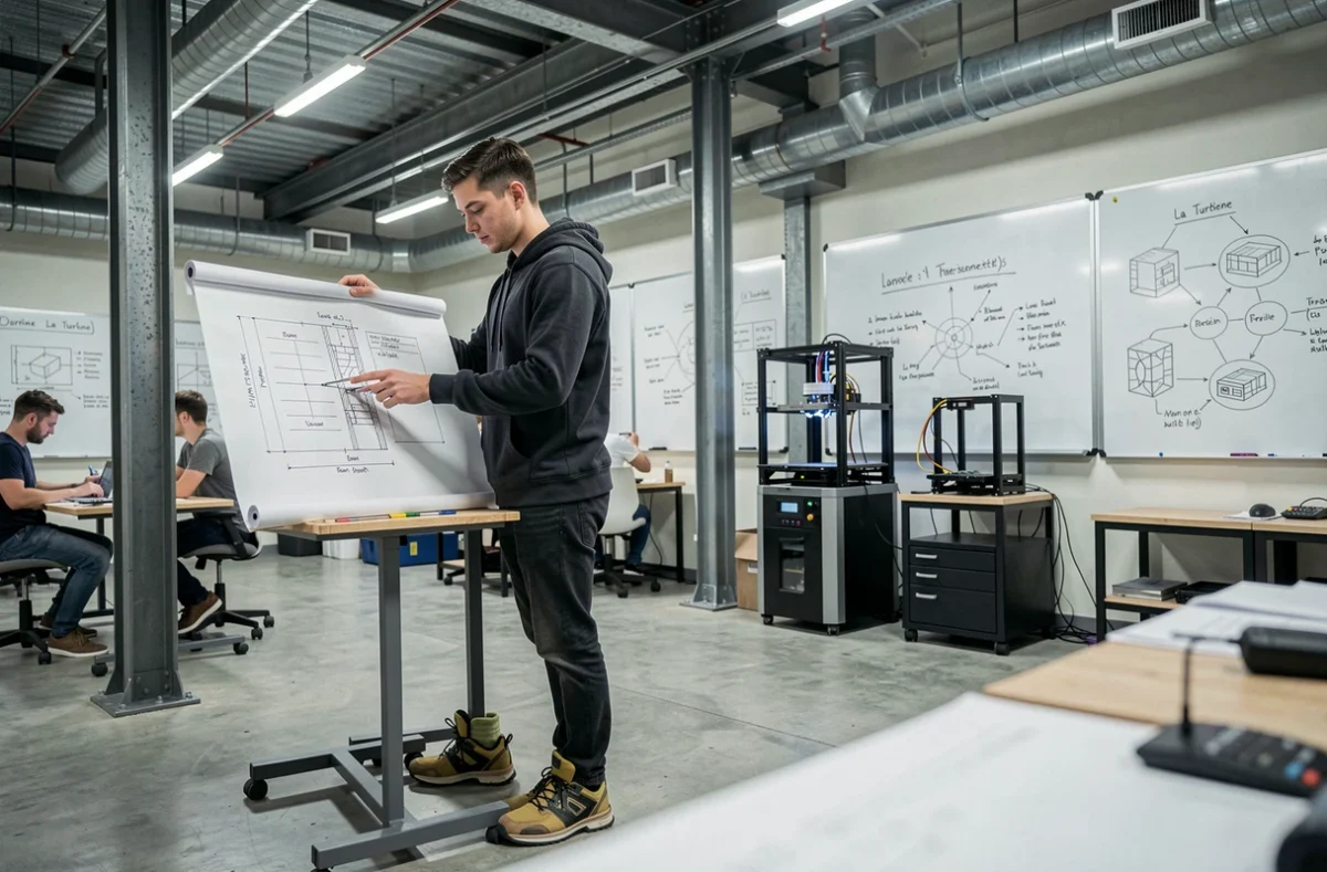 Ingénieur debout devant des plans techniques dans l'espace d'innovation La Turbine en Isère