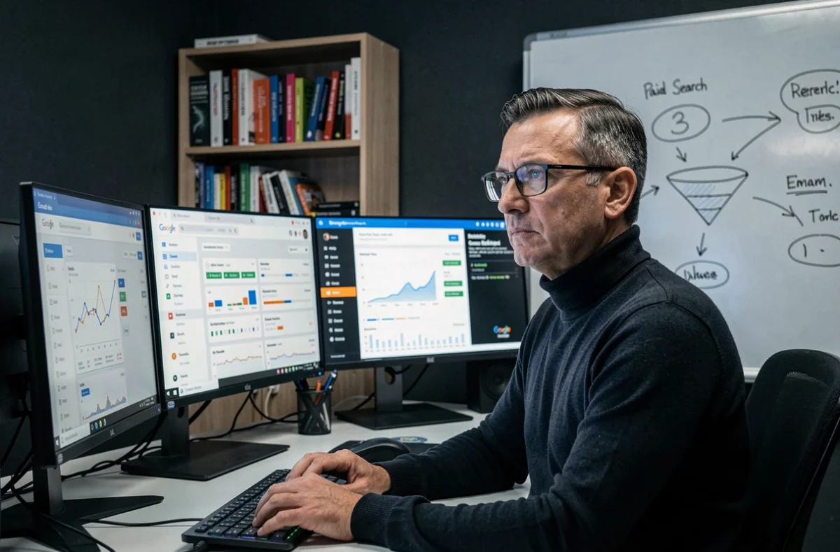 Spécialiste SEA du Mage du SEA en Maine-et-Loire gérant des campagnes Google Ads complexes sur plusieurs écrans dans un bureau tech moderne