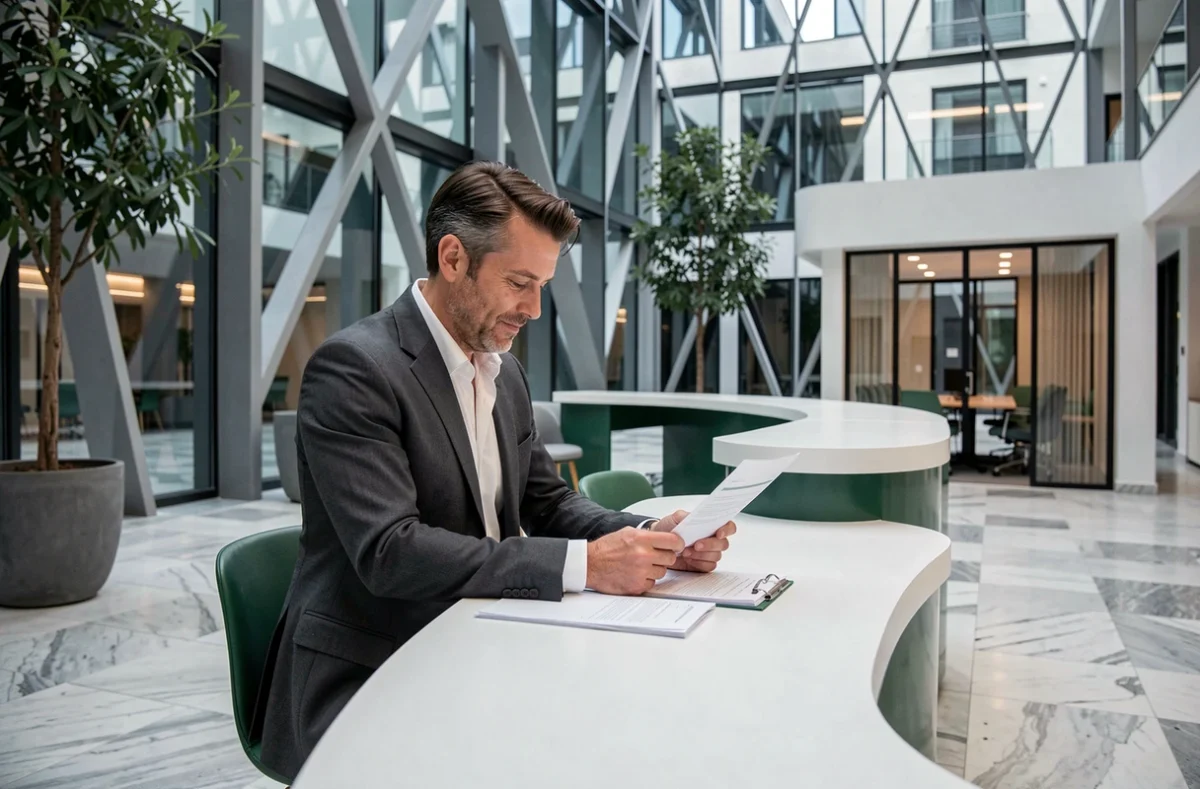 Professionnel travaillant dans l'espace design Le Totem Grenoble avec atrium architectural