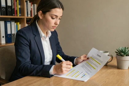 Jeune femme lisant attentivement sa convention collective McDonald's avec des annotations manuscrites dans un bureau à domicile organisé