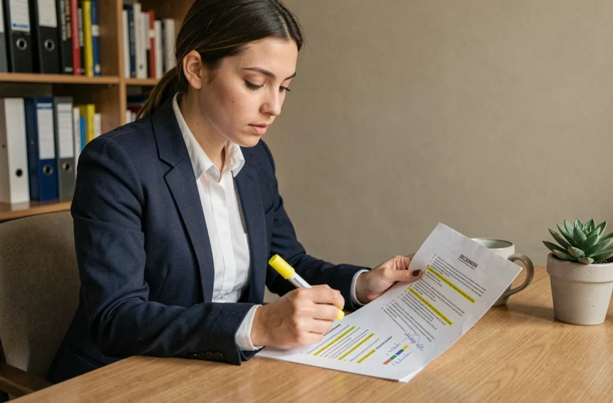 Jeune femme lisant attentivement sa convention collective McDonald's avec des annotations manuscrites dans un bureau à domicile organisé