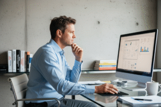 Manager informatique analysant des données ERP sur un grand écran