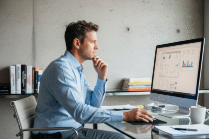 Manager informatique analysant des données ERP sur un grand écran