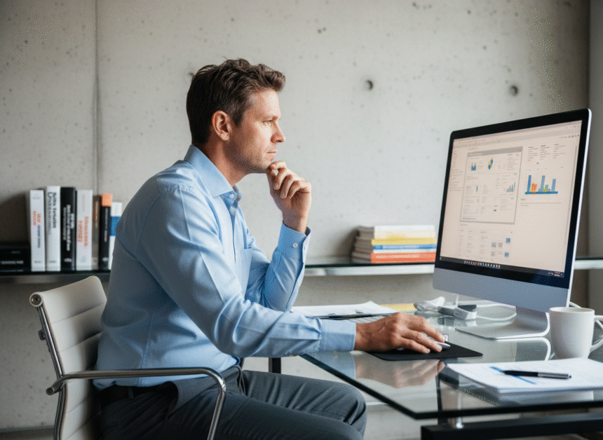 Manager informatique analysant des données ERP sur un grand écran