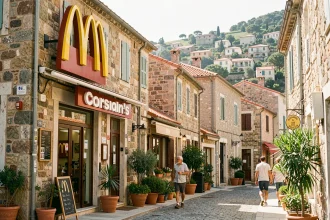 Devanture d'un restaurant McDonald's dans une ville côtière de Corse, contrastant avec l'architecture insulaire traditionnelle en pierre