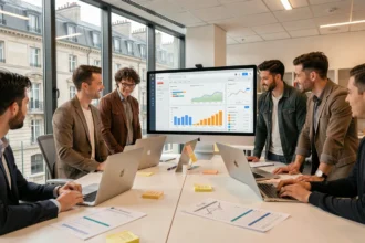 Vue d'ensemble d'une agence digitale en Maine-et-Loire spécialisée en Google Ads, avec une équipe collaborative travaillant sur des campagnes publicitaires