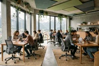 Espace de coworking moderne en Isère avec vue sur les montagnes et professionnels au travail