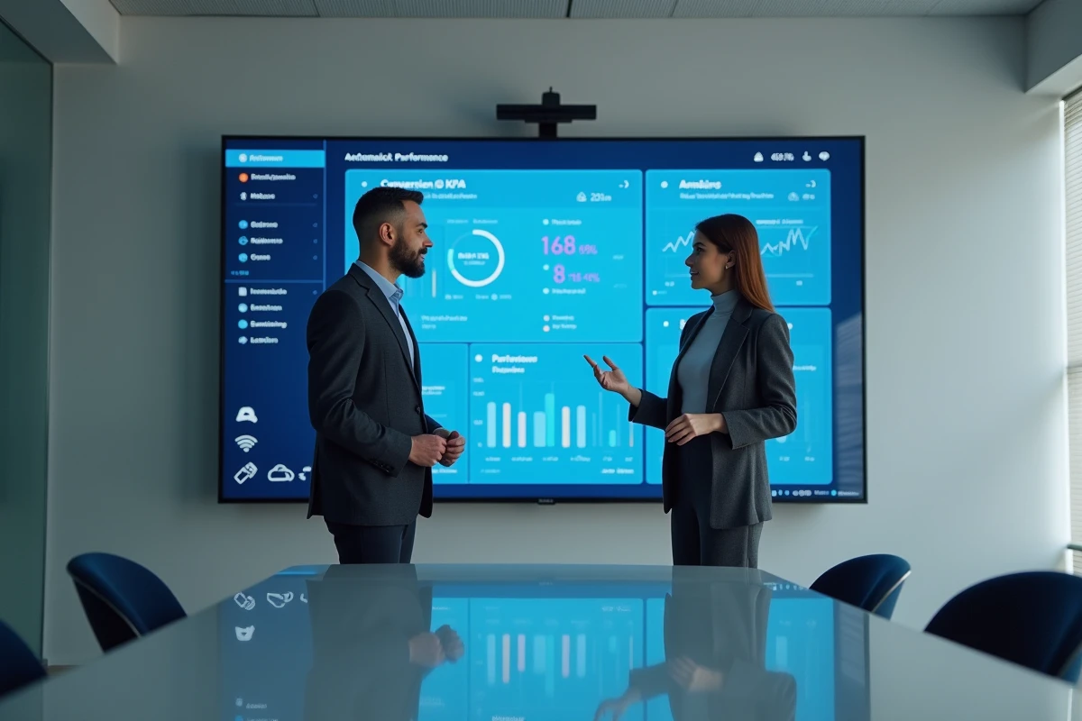 Deux professionnels discutant des indicateurs de performance réseau B2B devant un tableau de bord digital