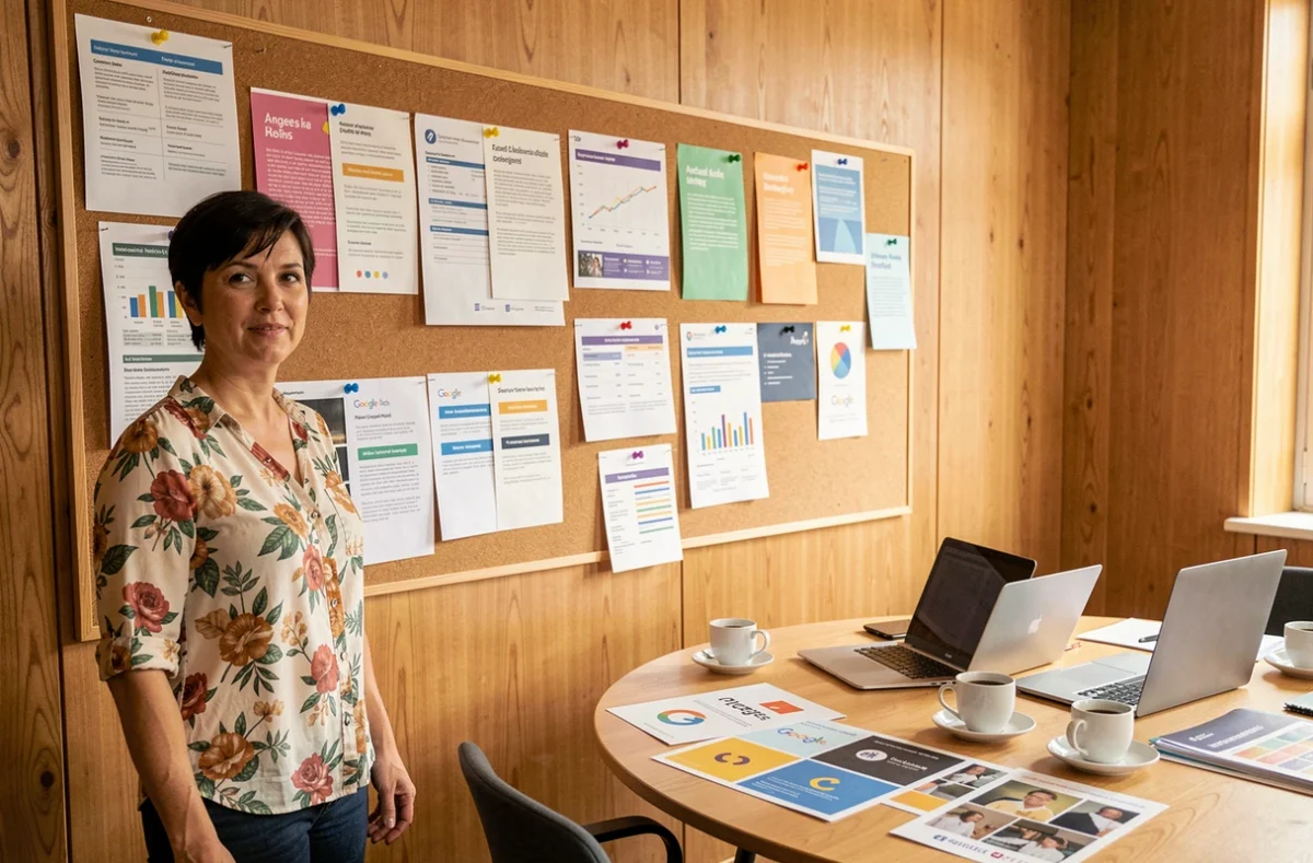 Professionnelle de l'agence Mimosa Communication en Maine-et-Loire présentant une stratégie Google Ads devant un tableau de campagnes créatives