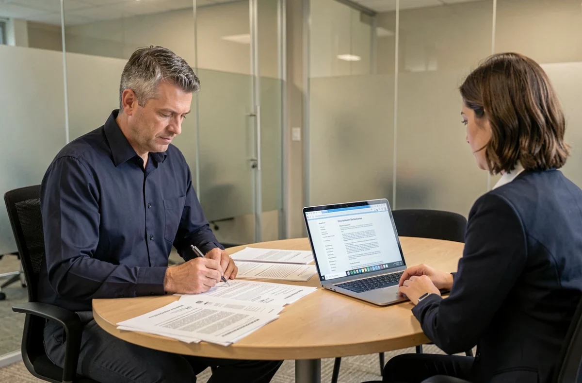 Homme discutant des clauses de son contrat à temps partiel avec un conseiller RH en salle de réunion professionnelle