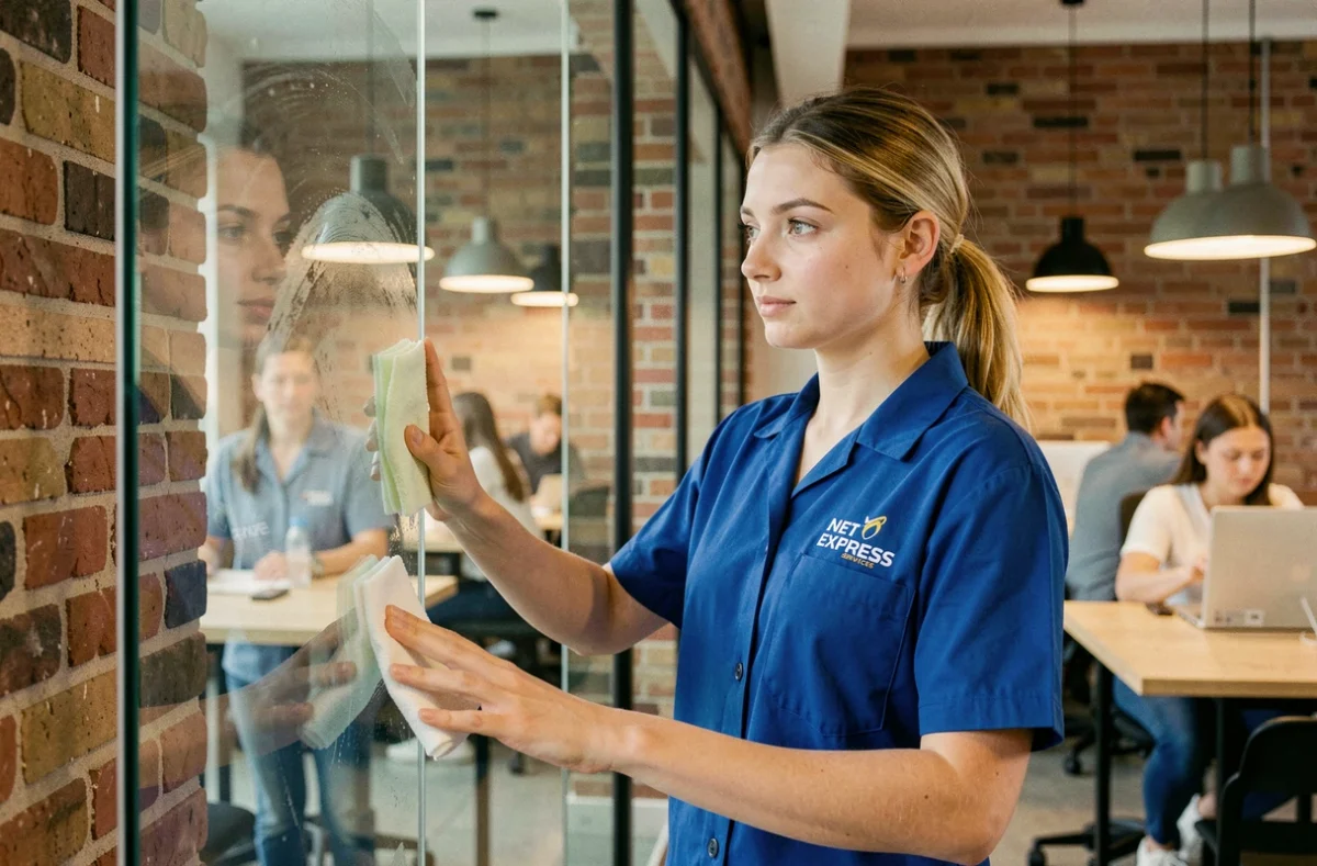 Agente Net Express Services nettoyant les cloisons vitrées d'un espace de coworking moderne à Strasbourg