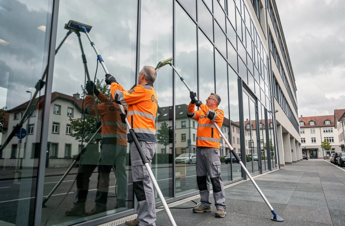 Deux techniciens Onet Propreté nettoyant la façade vitrée d'un immeuble de bureaux en Alsace