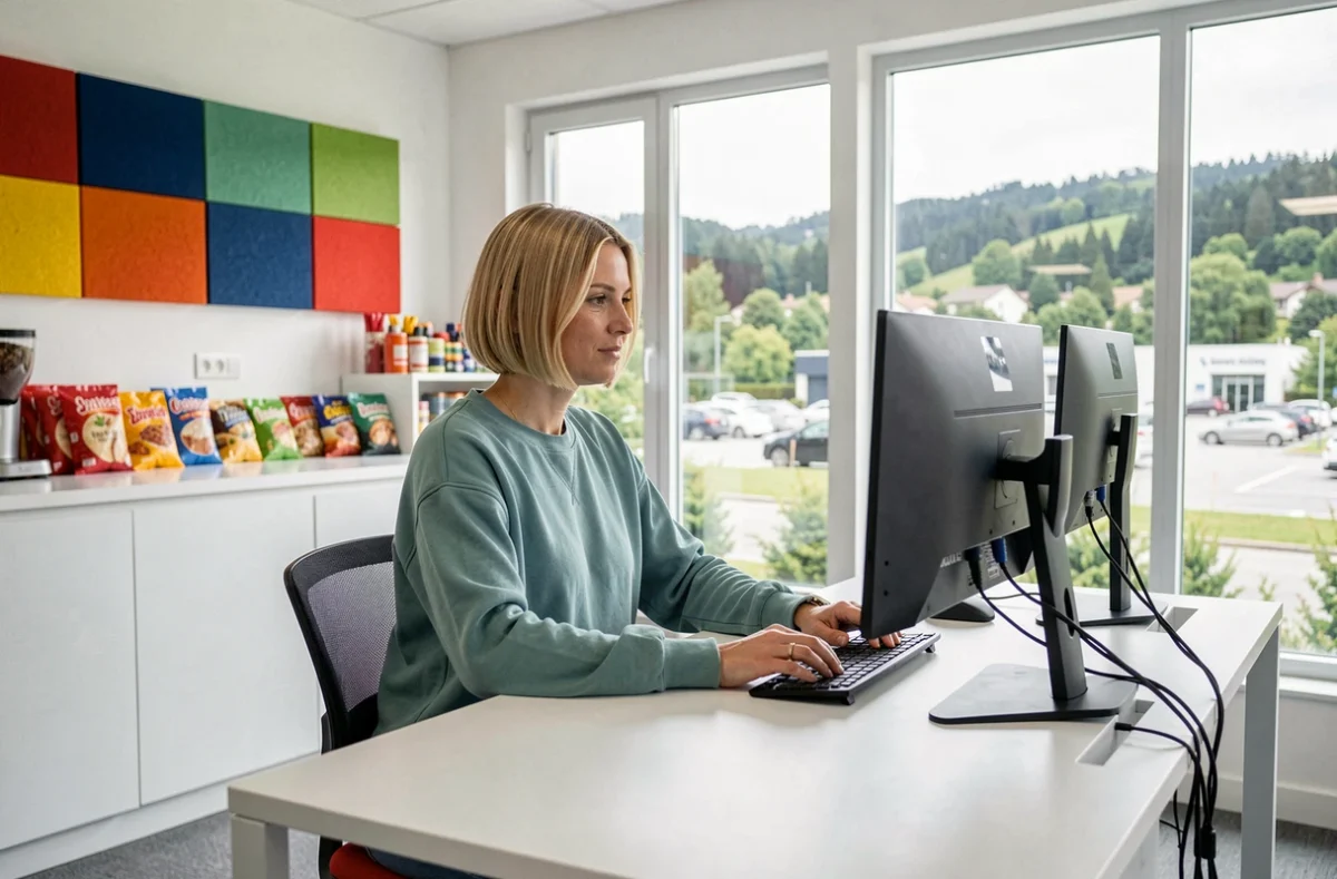 Femme travaillant dans l'espace de coworking Oobee à Meylan avec vue sur le parc d'affaires