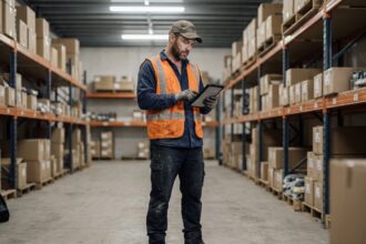 Ouvrier du bâtiment consultant un site de vêtements de travail en ligne sur une tablette dans un entrepôt industriel
