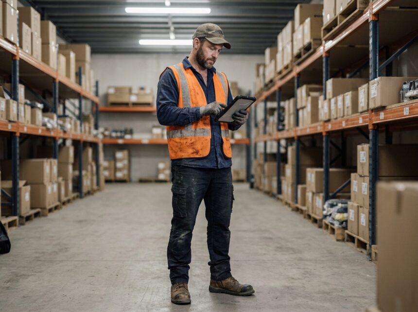 Ouvrier du bâtiment consultant un site de vêtements de travail en ligne sur une tablette dans un entrepôt industriel
