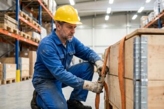 Ouvrier en casque jaune sécurise une caisse lourde