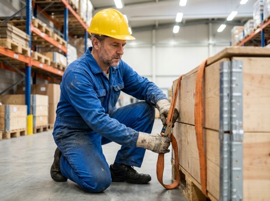 Ouvrier en casque jaune sécurise une caisse lourde