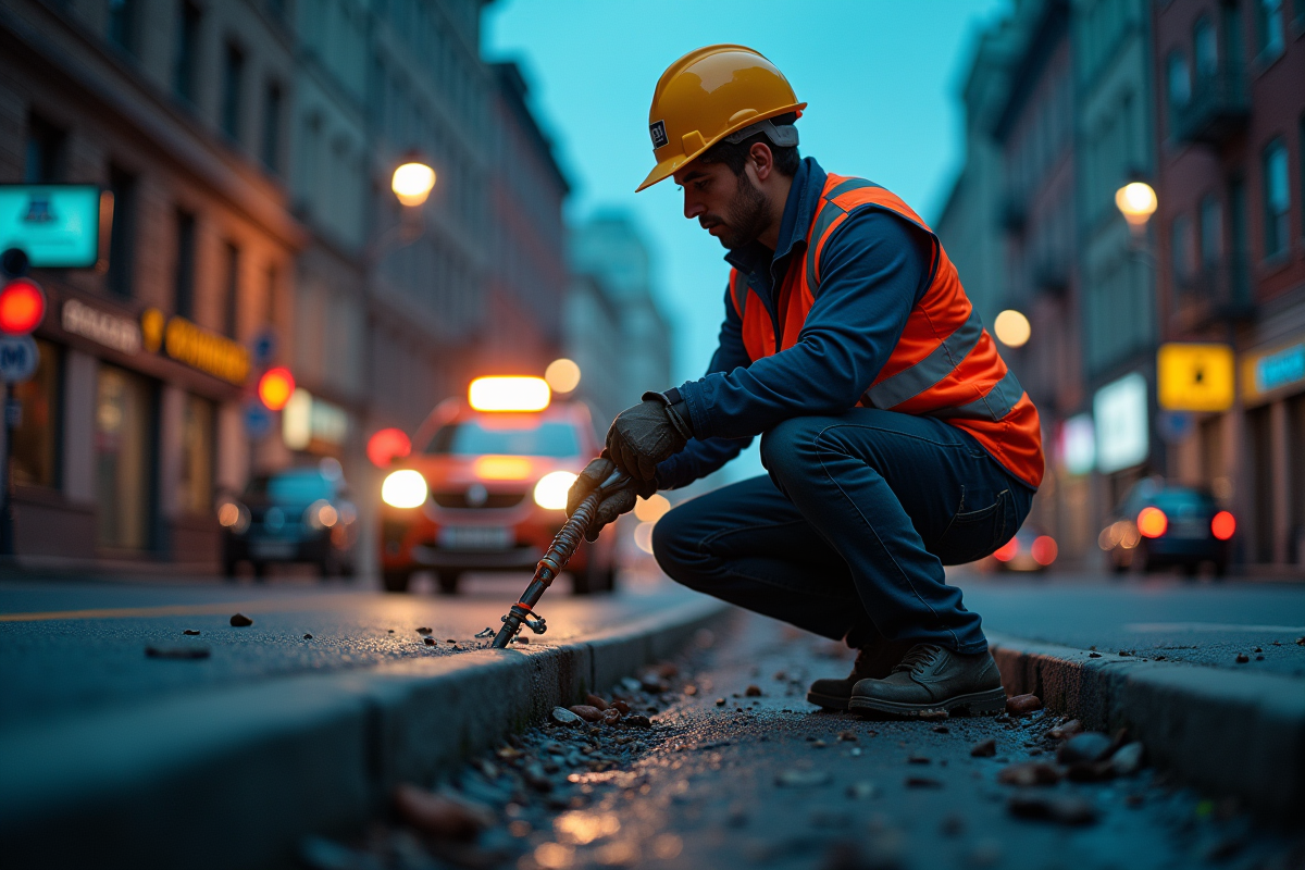 Ouvrier en urbanisme réparant des câbles souterrains