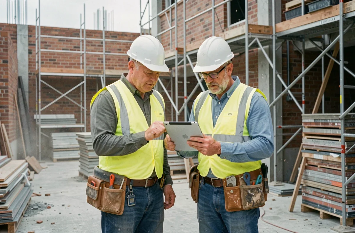 Deux ouvriers du BTP consultant un devis numérique sur tablette sur un chantier de construction