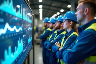 Groupe d'ouvriers industriels avec écran digital