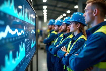Groupe d'ouvriers industriels avec écran digital