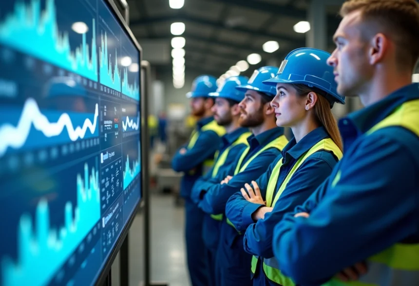 Groupe d'ouvriers industriels avec écran digital