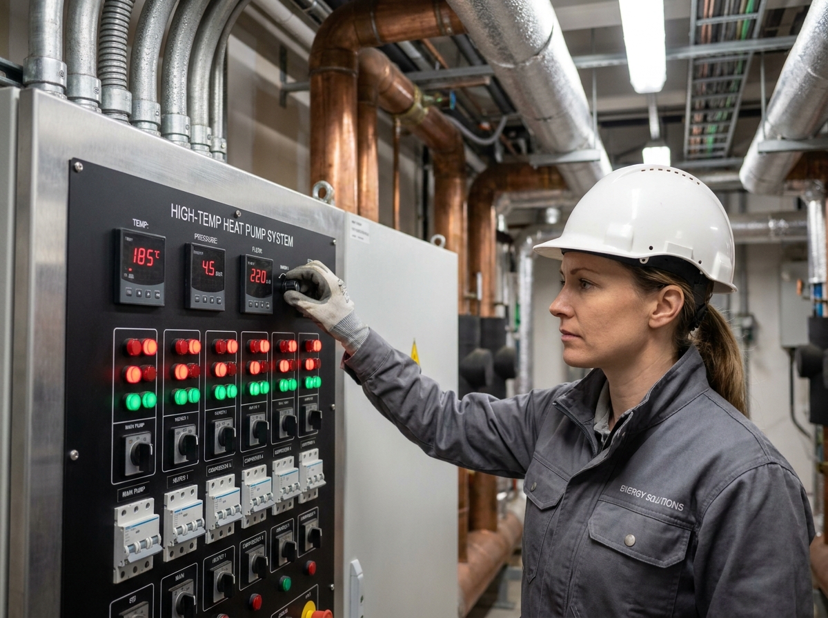 Technicienne réglant le panneau de contrôle d'une pompe à chaleur industrielle haute température dans une centrale énergétique