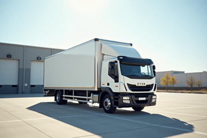Yard logistique avec camion blanc de 26 tonnes au centre