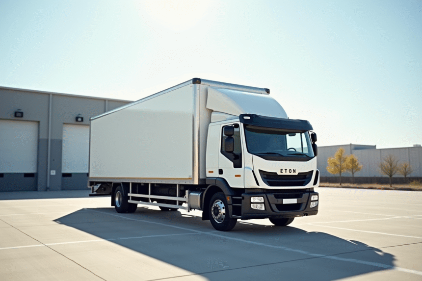 Yard logistique avec camion blanc de 26 tonnes au centre