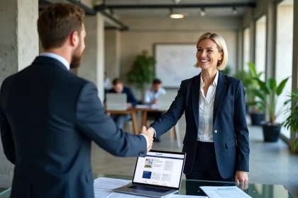 Femme d'affaires française signant un partenariat commercial dans un bureau parisien moderne en 2026