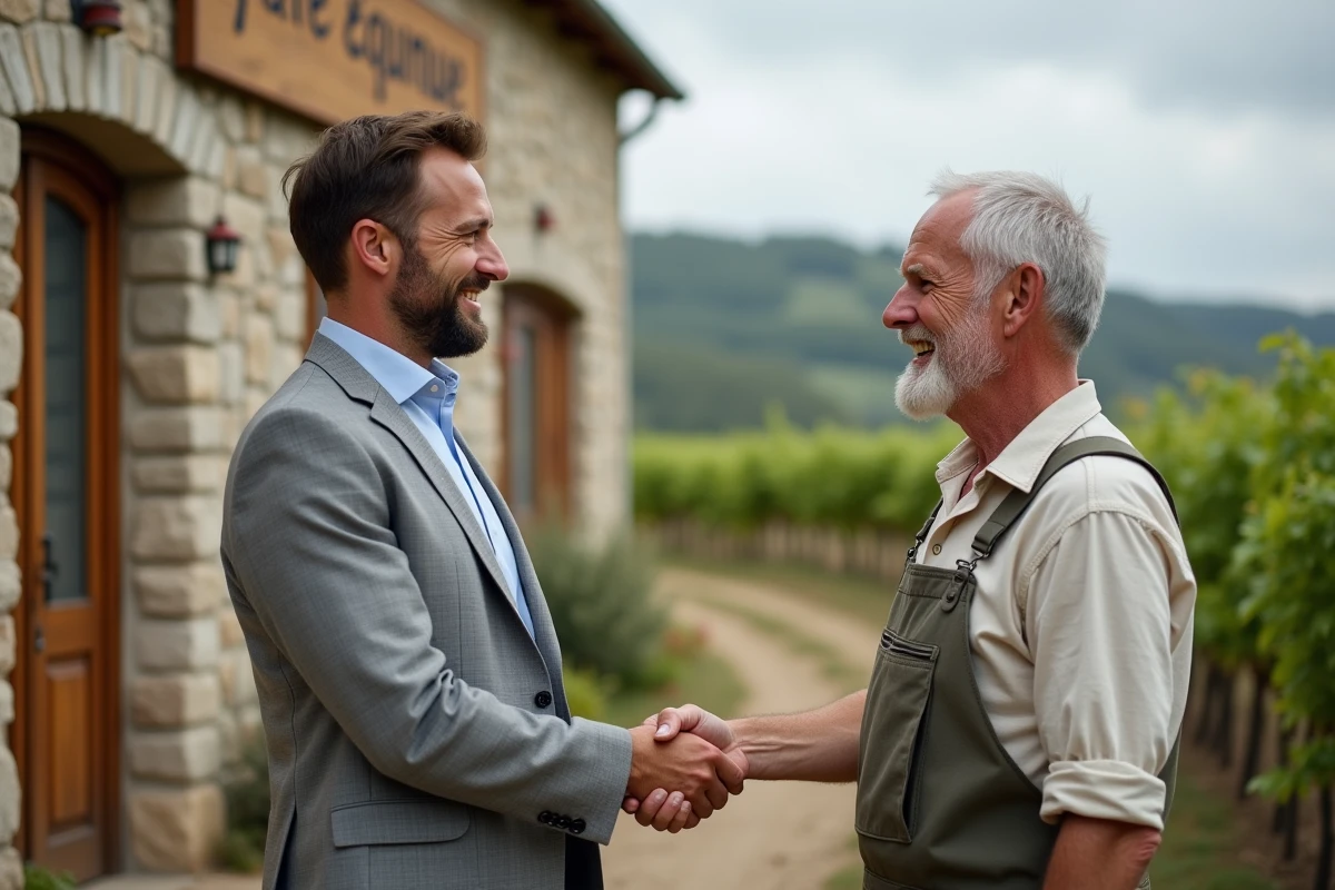 Conseiller en assurance serrant la main d'un agriculteur local devant une coopérative viticole en Charente dans le cadre d'un partenariat RSE régional