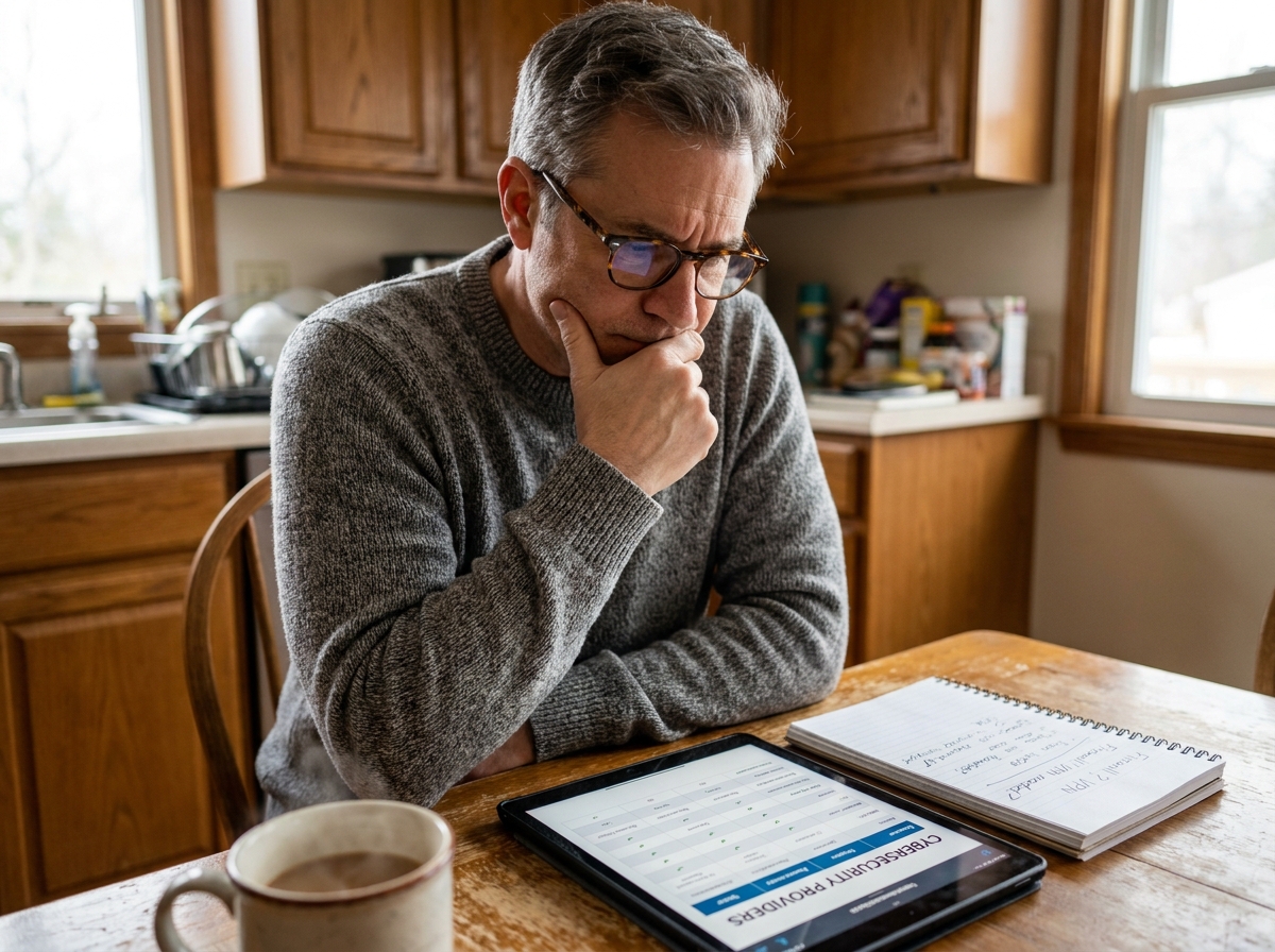 Homme non-expert en informatique comparant des prestataires de cybersécurité sur une tablette depuis son domicile