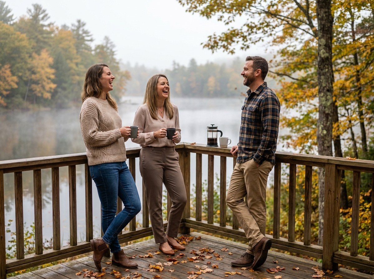 Trois collègues riant ensemble sur une terrasse en bois au bord d'un lac lors d'une pause café de séminaire en pleine nature