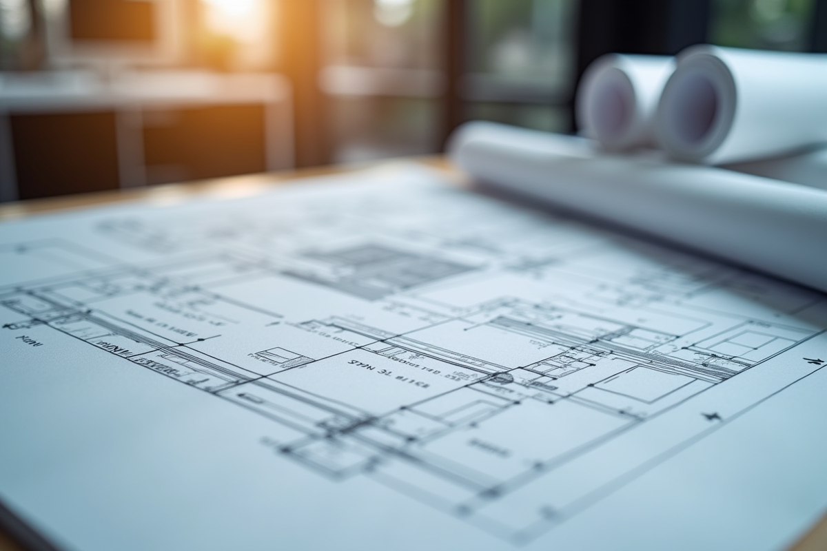 Pile de plans architecturaux examinés dans un bureau moderne
