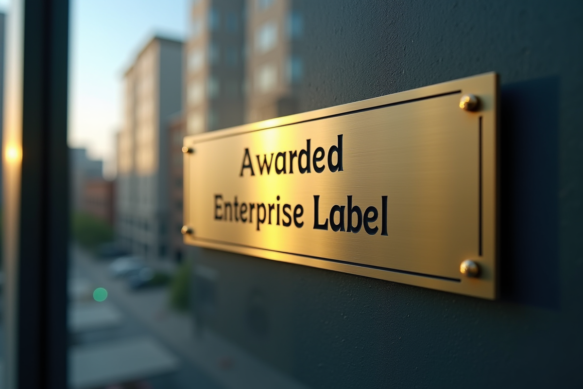Plaque en or sur une porte de bureau avec reflet de la ville