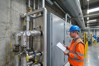 Ingénieur industriel inspectant une pompe à chaleur haute température installée dans une usine moderne