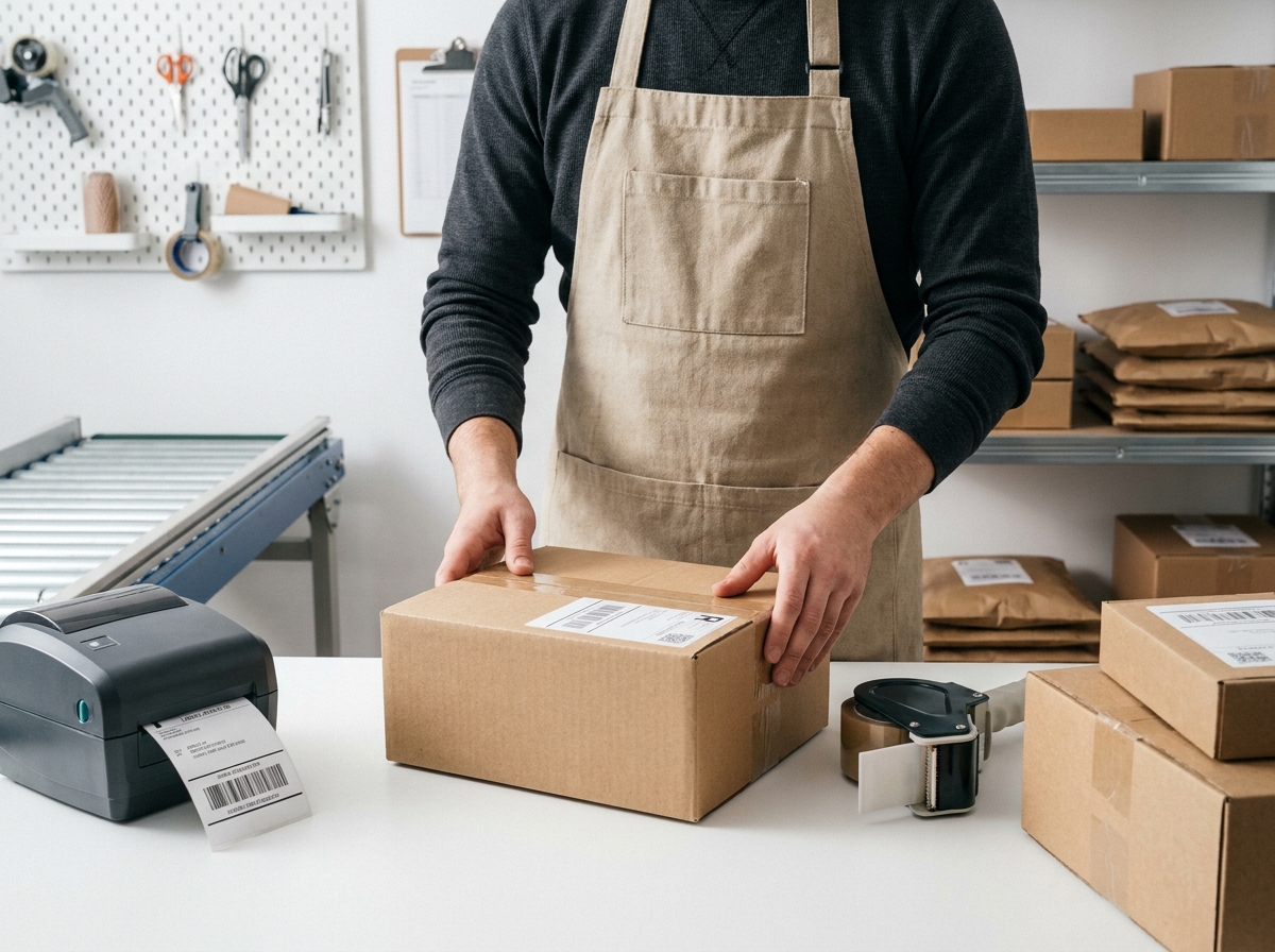 Préparation et fermeture d'un colis e-commerce sur un poste d'emballage professionnel