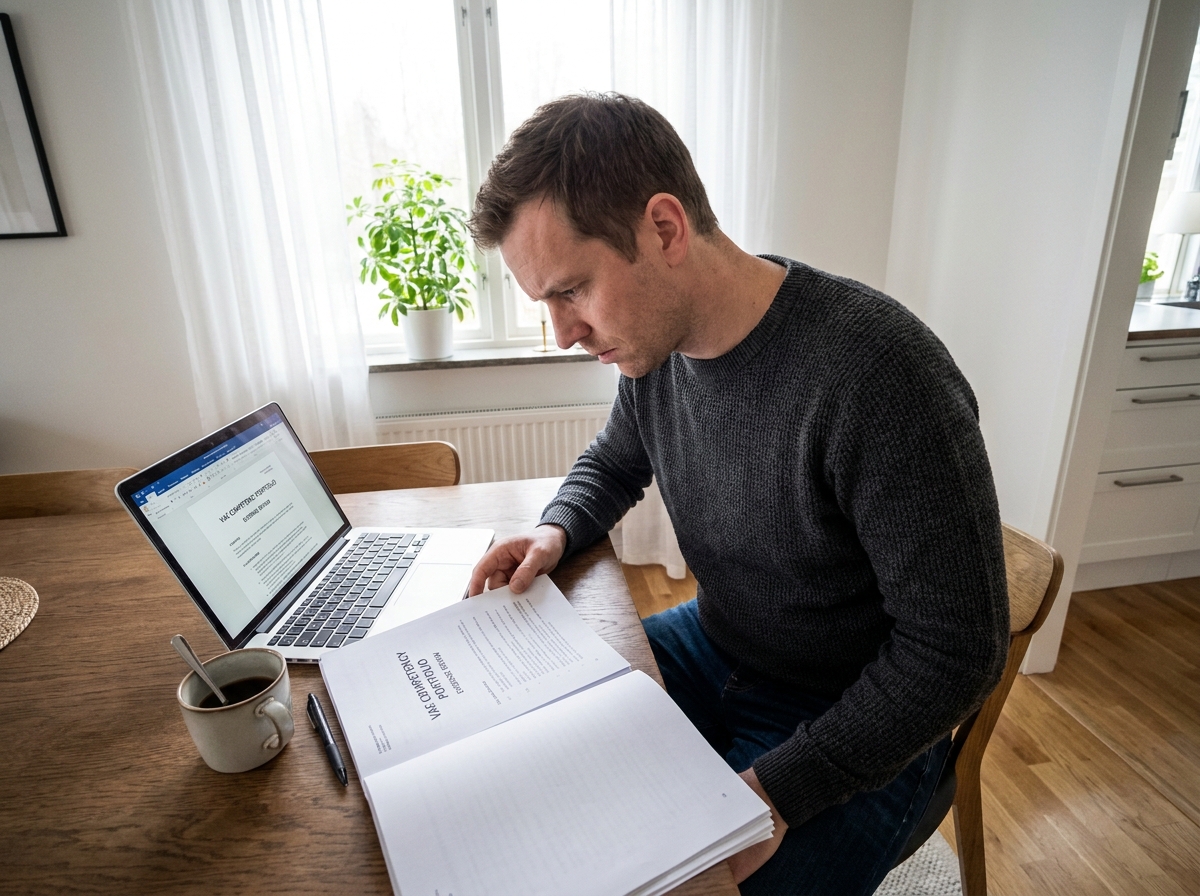 Homme préparant son dossier VAE chez lui avec des documents de validation des acquis étalés sur une table en bois