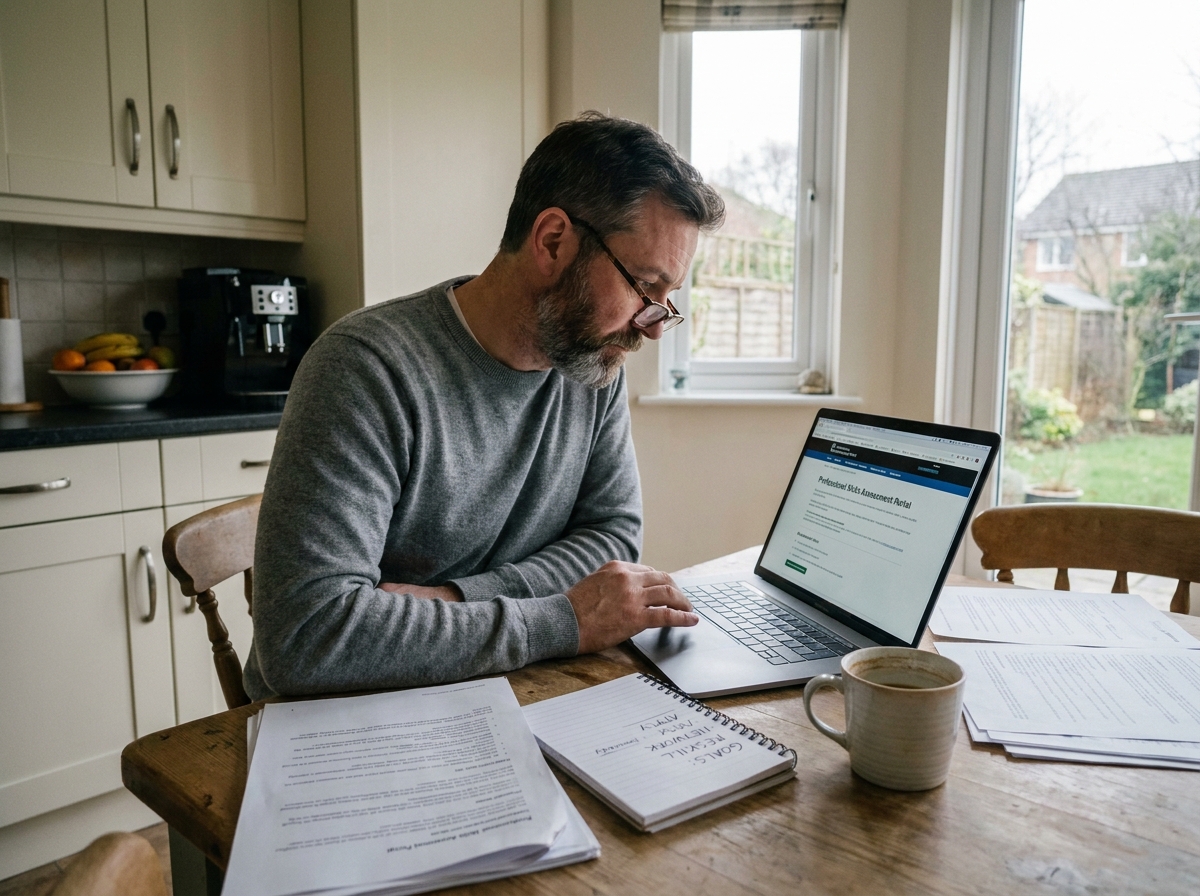 Homme d'une quarantaine d'années préparant sa reconversion professionnelle chez lui avec un bilan de compétences en ligne et des documents de recherche d'emploi