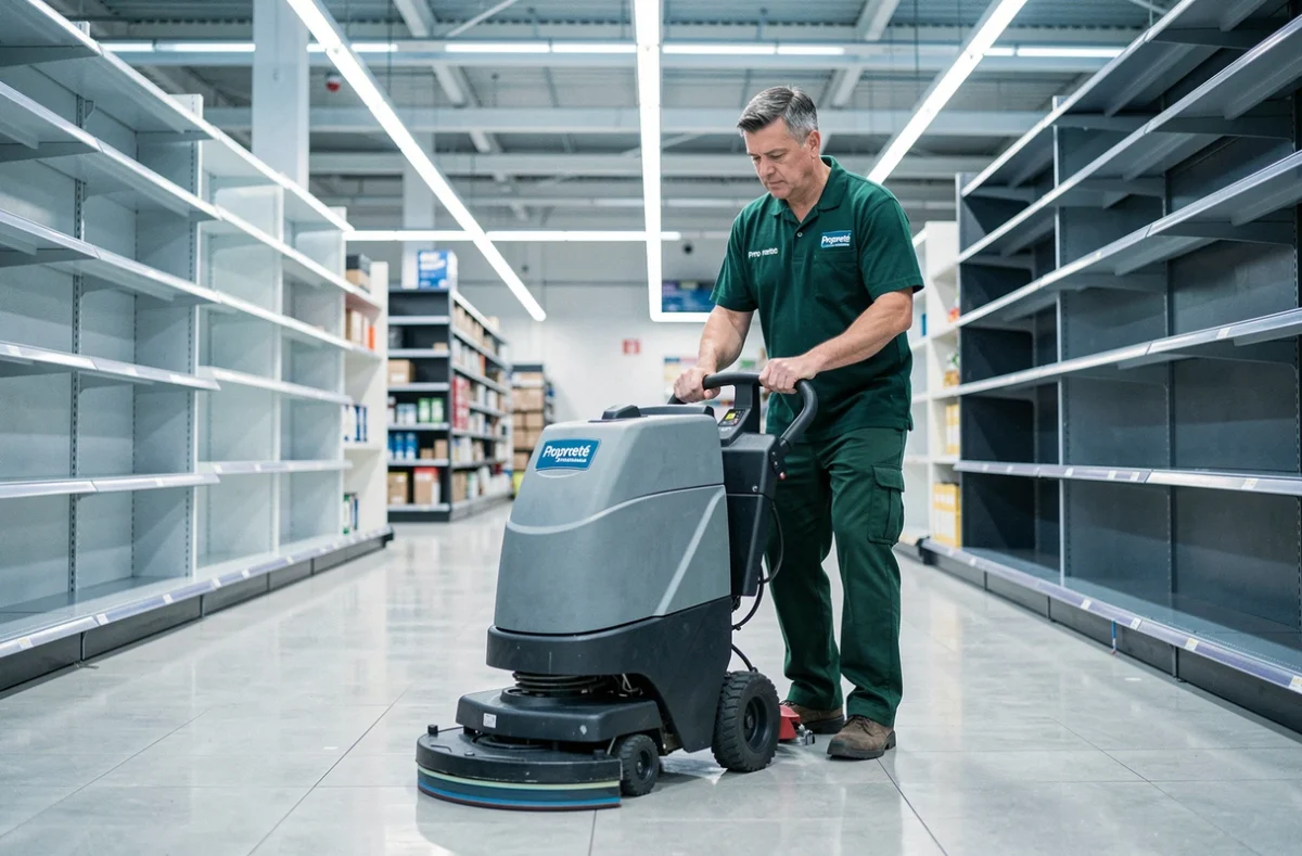 Technicien Pro Propreté Strasbourg utilisant une autolaveuse dans une grande surface commerciale après fermeture