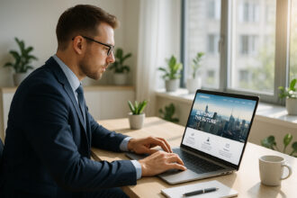 Professionnel travaillant sur un ordinateur dans un bureau lumineux