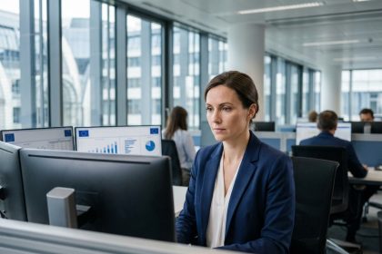 Professionnelle européenne analysant des tableaux de bord de qualité des données dans un bureau moderne à Bruxelles