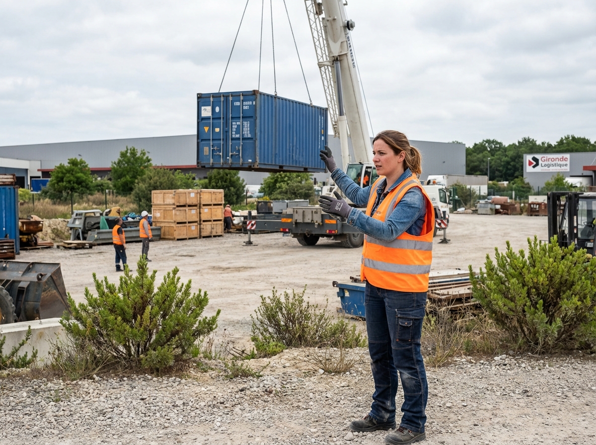 Femme guide un chariot élévateur dans un yard industriel