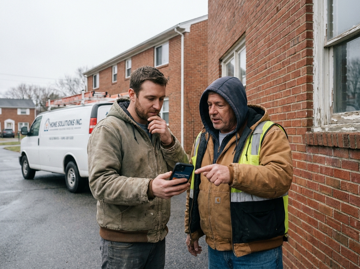 Deux professionnels du bâtiment consultant une application de mise en relation sur smartphone devant une maison en rénovation